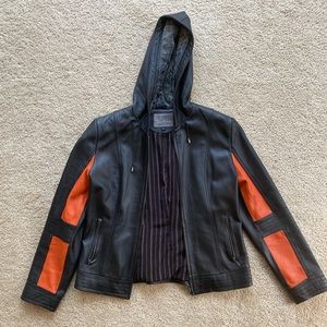 Hooded leather jacket, Harley Davidson style